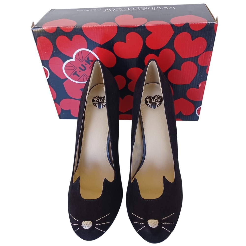 TUK‎ Black Sophistakitty 4" Heel A8813L Cat Face Leather Pumps Womens 10 EU 41